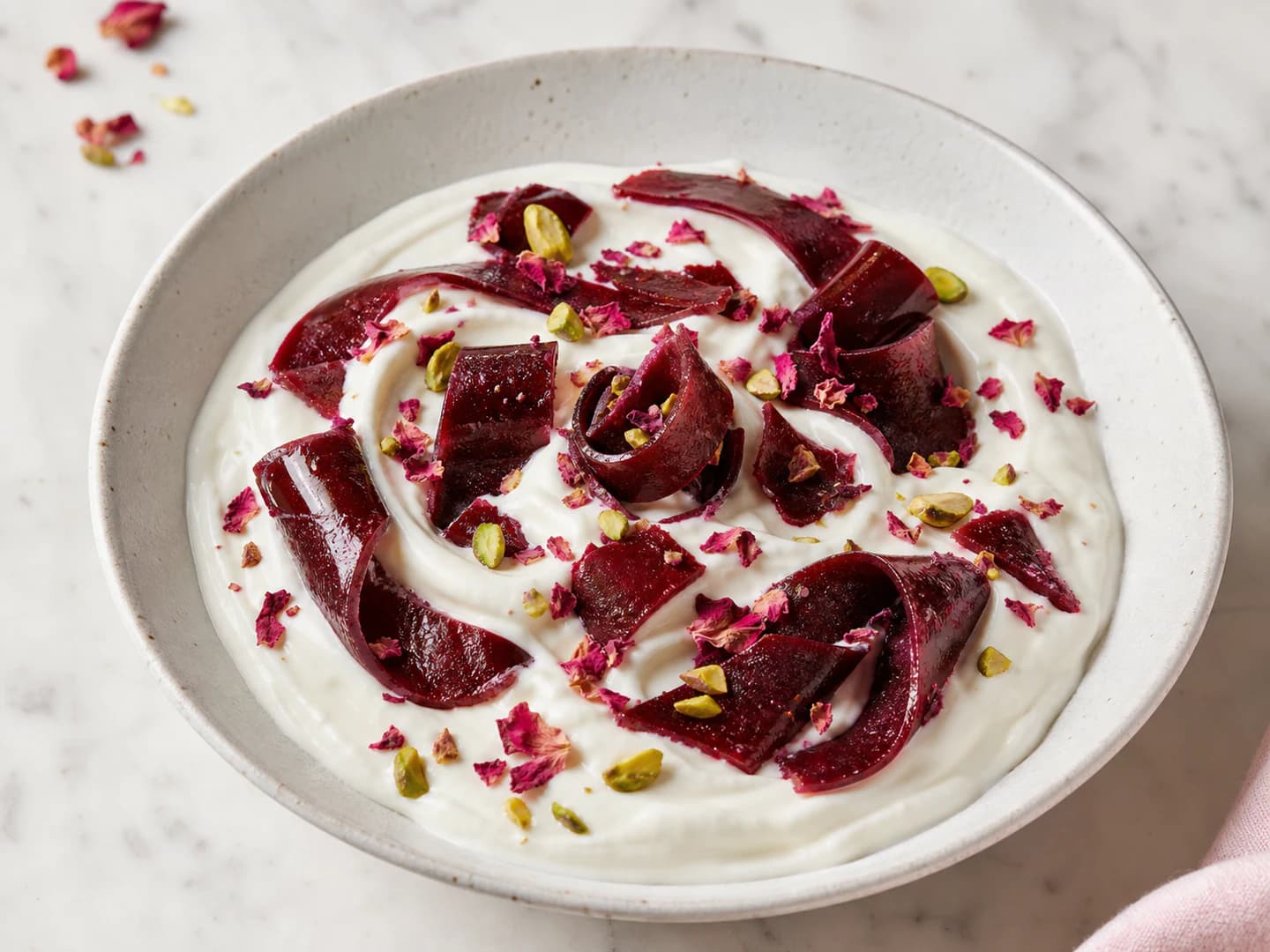 Sour cherry fruit roll yogurt with rose water