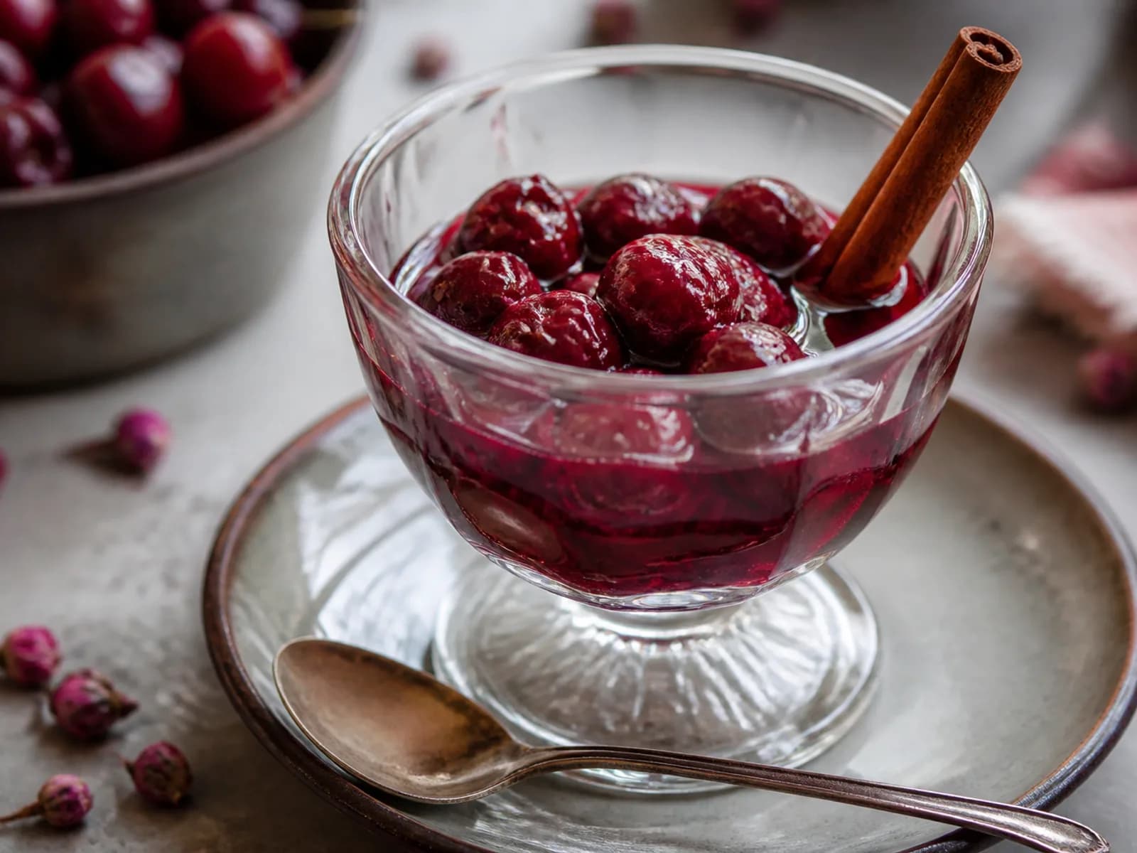 Cherry compote with rose water and cinnamon
